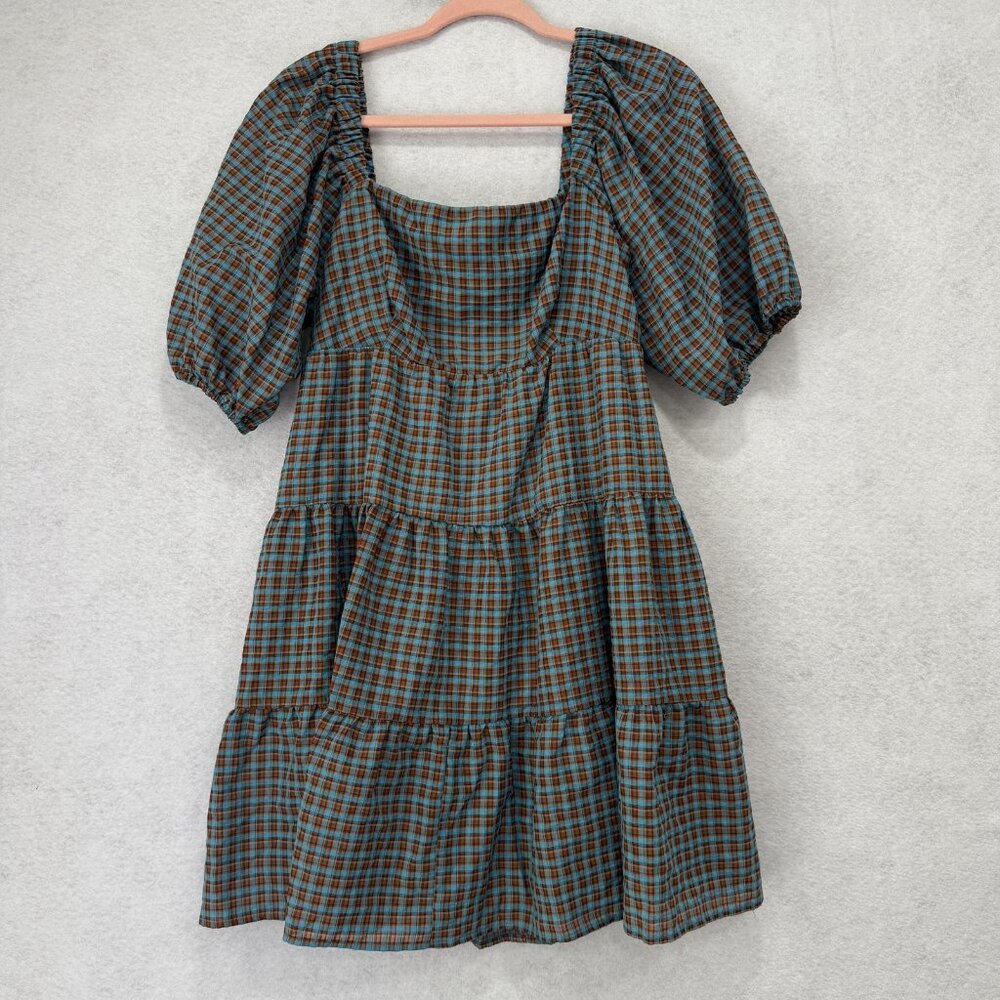 WAYF Dress Womens XL Blue Brown Plaid Puff Sleeve Tiered Pockets Prairie Lined
